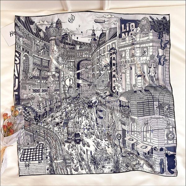 

silk neck scarf satin head scarf female silk hand rolled scarf 90 digital print woman neck foulard luxe headwrap181m, Blue;gray