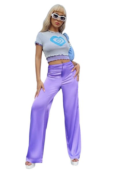 

solid button satin pants x4fu#, Black;white