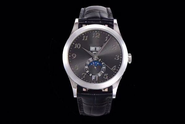 

gr factory 5396moon phase mens watch 38.5-11.2mm 324s integrated movement watches italian leather strap waterproof luminous c1, Slivery;brown