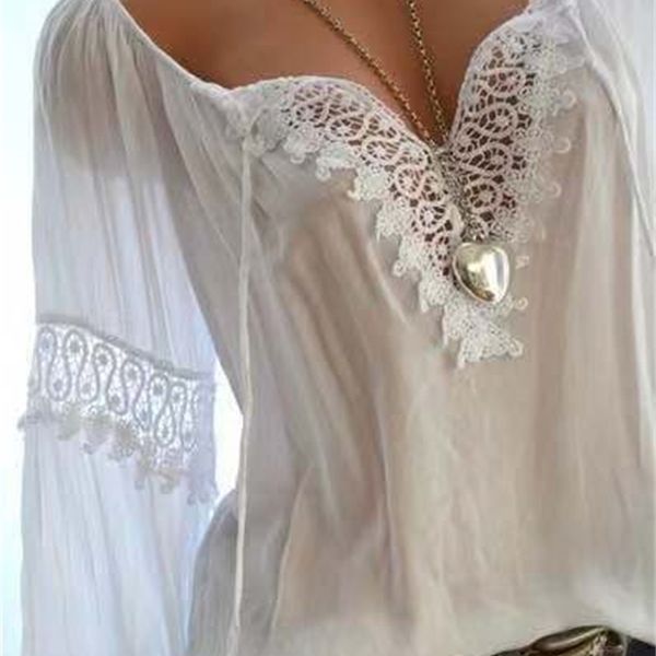 

large size ladies blouse new openwork lace longsleeved shirt solid color large vneck casual large size womens shirt y200422, White