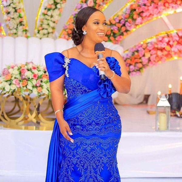 

royal blue plus size prom dresses sheer neck ruffles beads sequins mermaid evening gowns lace appliques, Black
