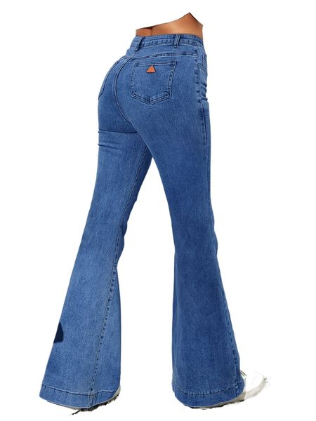 

patch detail flare leg jeans w6yk#, Blue