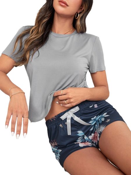 

solid & botanical print knot waist shorts pj set 02jl#, Black;red