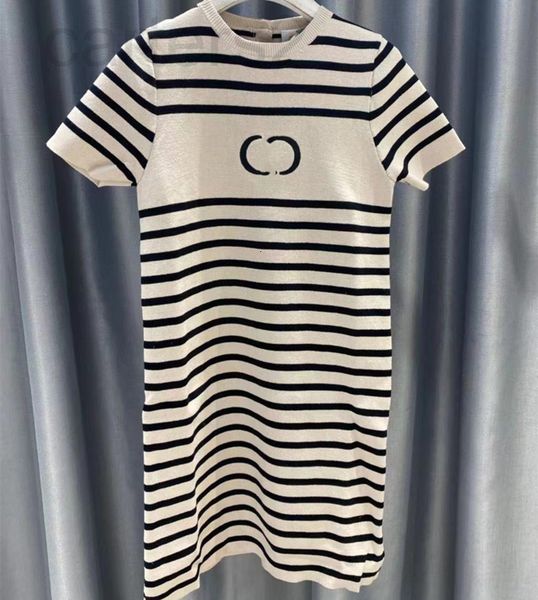 

casual dresses designer straight 2022 early summer new needle leisure temperament knitted round neck short sleeve striped dress women 9gag, Black;gray