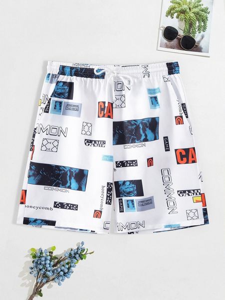

men random letter graphic drawstring waist shorts t1b4#, White;black