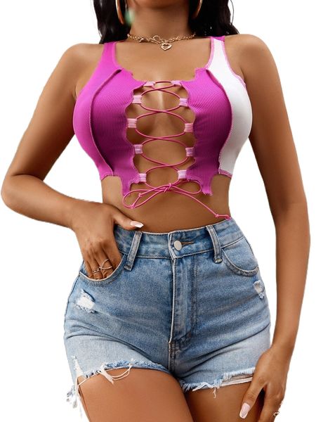 

sxy two tone stitching lace up front tank d66t#, White