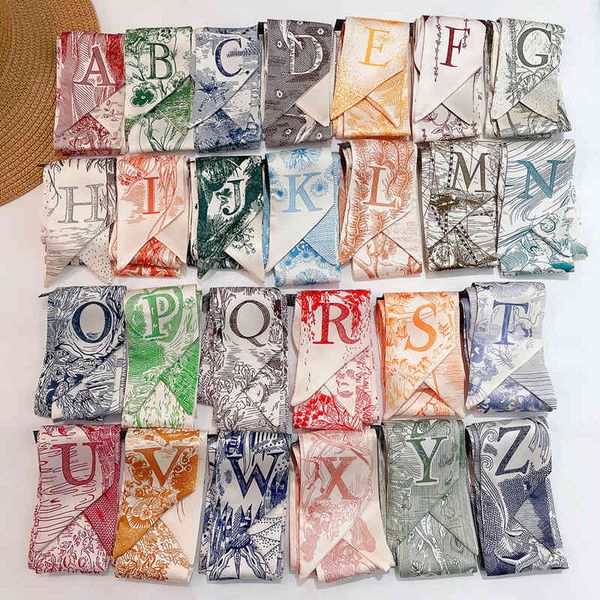 

luxury 26 english letters handbag decoration twill silk scarves women hijab neckerchief hair scarf headbands, Blue;gray