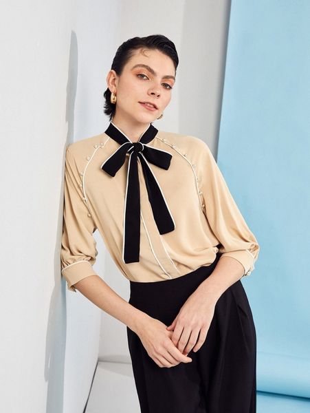 

x carina c tie neck button detail blouse g59g#, White