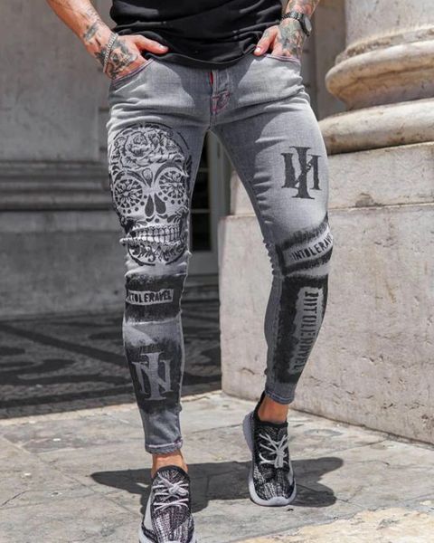 

2022 men's jeans stretch designer skull denim pencil pants hip hop zipper slim tall elastic thin printing gray sports jeans for men, Blue