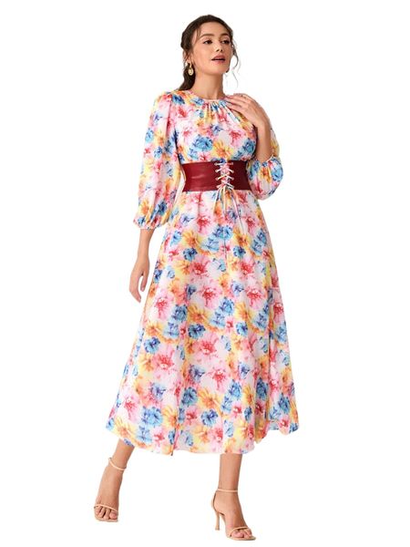 

floral print lantern sleeve lace up corset detail dress 33bw#, Black;gray
