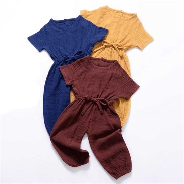

summer kids girls clothing sets linen cotton sleeveless solid color jumpsuit clothes outfits children suits 220620, White