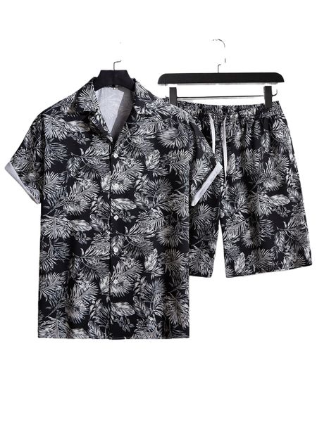 

men random tropical print shirt & shorts 53de#, Gray