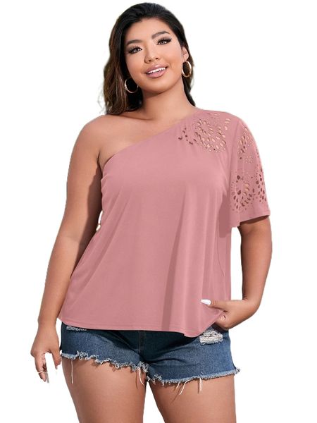 

plus one shoulder laser cut tee 67vd#, Black