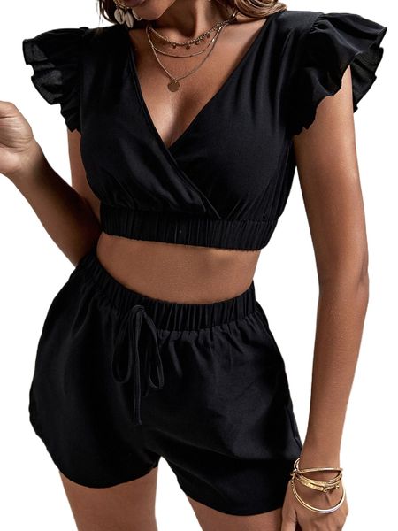 

butterfly sleeve v neck & drawstring waist shorts s775#, White