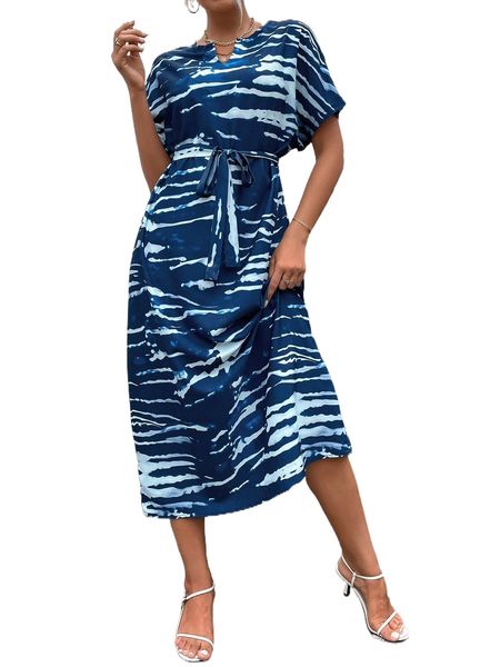 

allover print batwing sleeve belted dress x3rj#, Black;gray