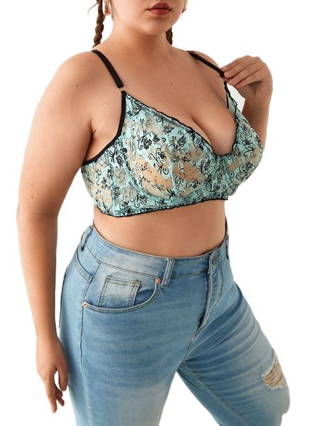 

plus floral lace underwire bra h9co#, Black;white