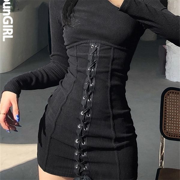 

heyoungirl tie up bandage black bodycon dress autumn basic long sleeve knitted mini dresses ladies skinny casual winter fashion 220425, White;black