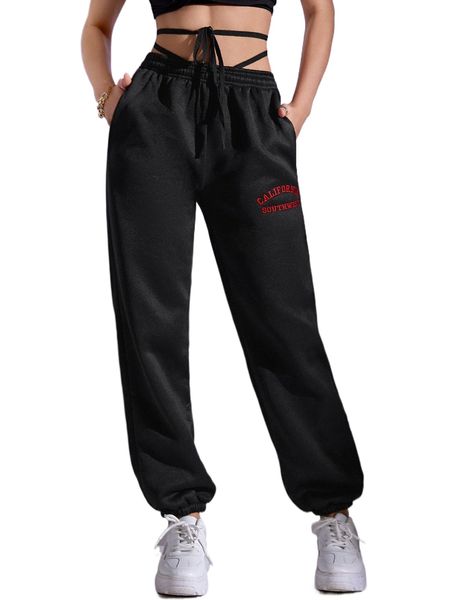 

letter embroidery knot front sweatpants g8uf#, Black;white