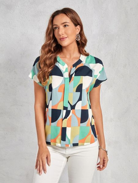 

emery rose geo print batwing sleeve popover blouse c440#, White