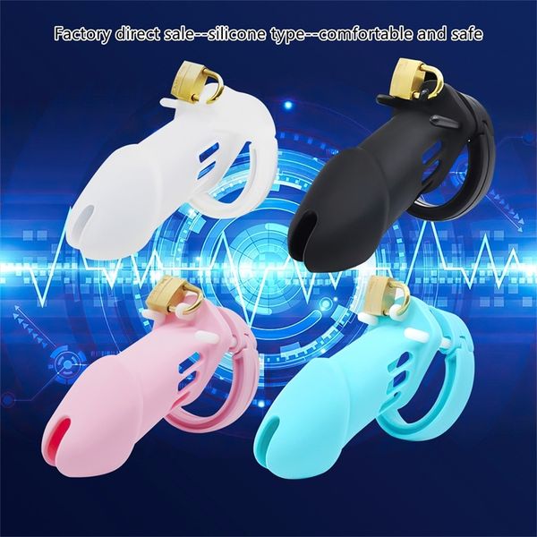 Maschio Silicone Cock Prison Chastity Device Gabbie Giocattoli del sesso Serratura della cintura del pene con cinque anelli Standard Short Cage 220606