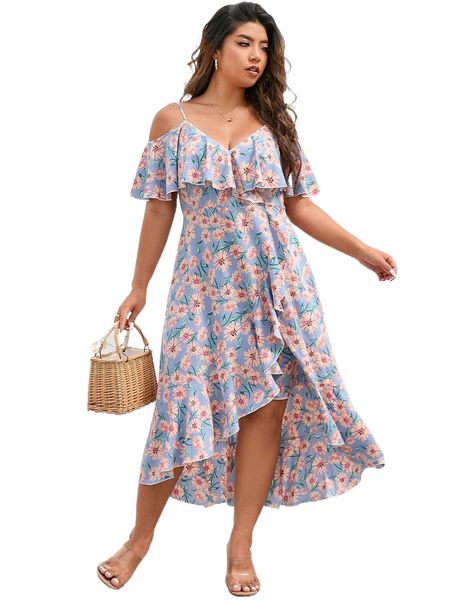 

plus cold shoulder floral print asymmetric ruffle hem dress k5n9#, Black