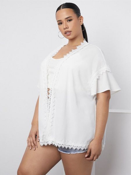 

plus guipure lace trim drop shoulder kimono d37u#, Black;gray