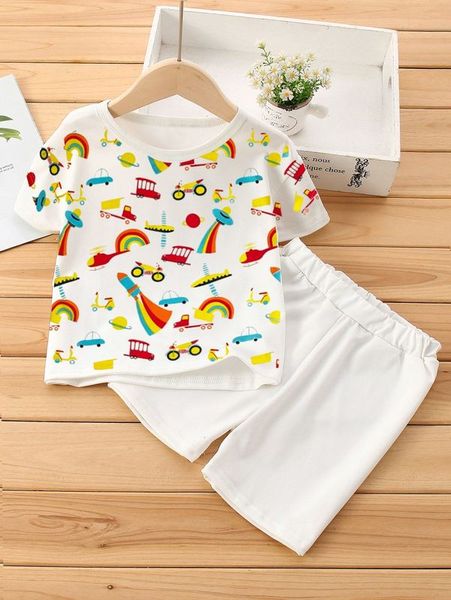 

toddler boys car & rainbow print tee & shorts she, White