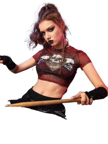 

romwe punk rock skull & rose mesh 214g#, White