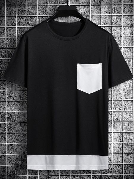 

men color block patched pocket tee e4by#, White;black