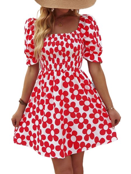 

allover floral print puff sleeve shirred a-line dress h1jt#, Black;gray