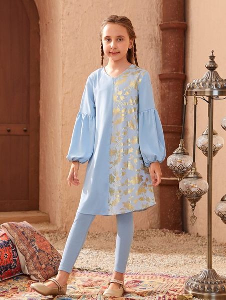 

girls gold floral print lantern sleeve dress & leggings she, White