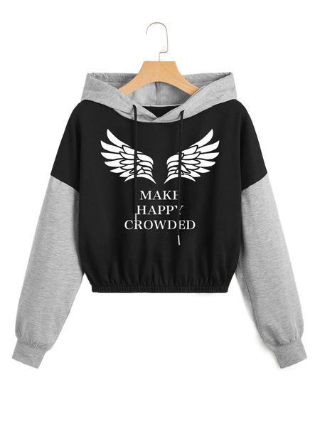 

wing & letter graphic colorblock crop drawstring hoodie i5yy#, Black