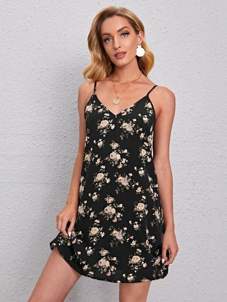 

double v neck floral cami dress j1sv#, Black;gray