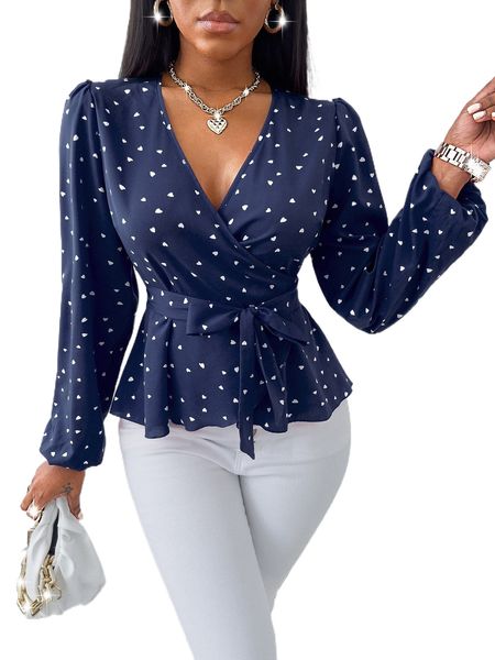 

random heart print surplice neck belted blouse b1ba#, White