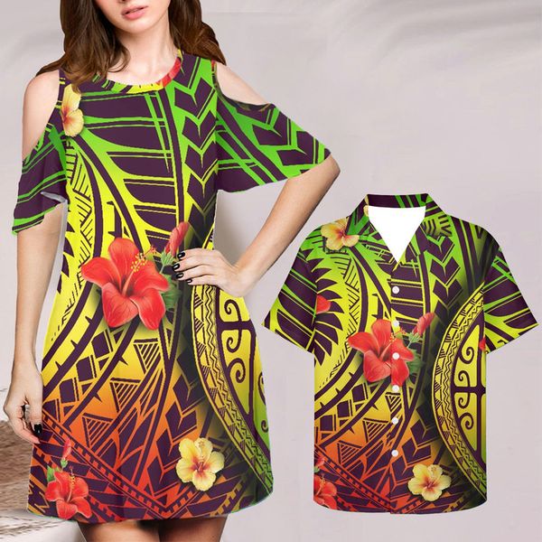 

4xl women off the shoulder dress and men shirt red couple hawaii polynesian plumeria prints club party clothe dropship 220627, Black;gray