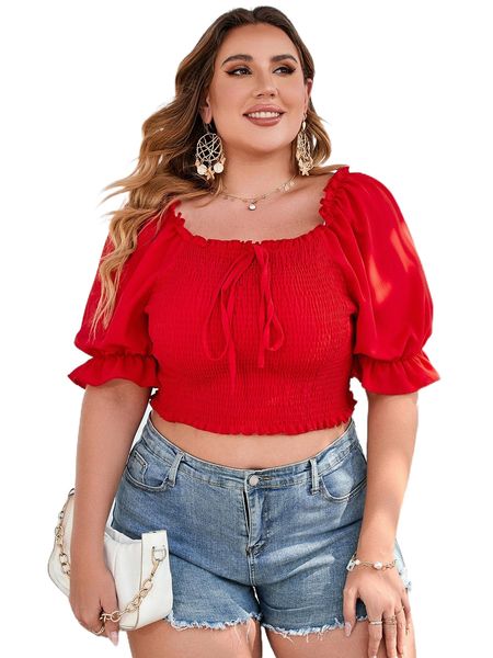 

plus shirred frilled tie front puff sleeve blouse 84jx#, Black