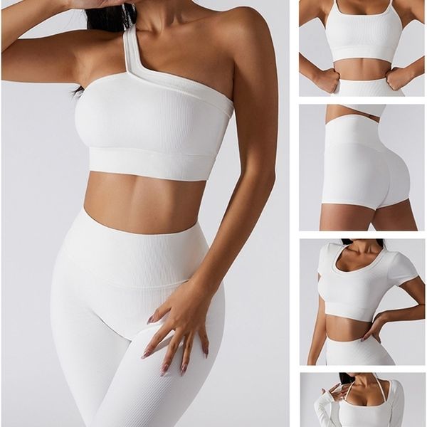 

seamless women yoga set workout sportswear gym clothing ribbed fitness long sleeve crop high waist leggings sports suits 220510, Gray