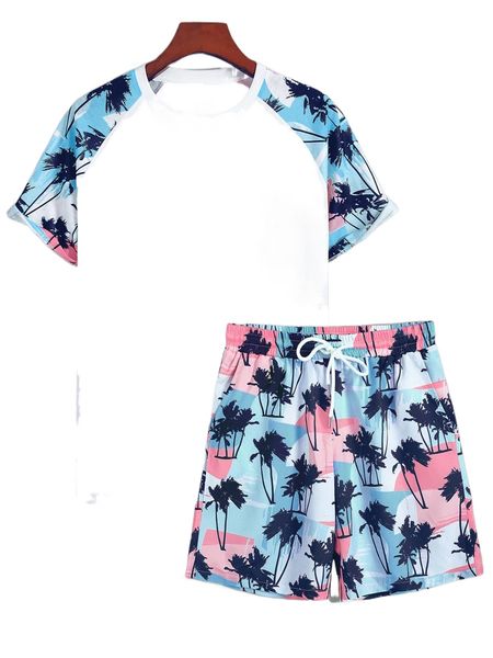 

men tropical print raglan sleeve tee with drawstring waist shorts 87oy#, Gray
