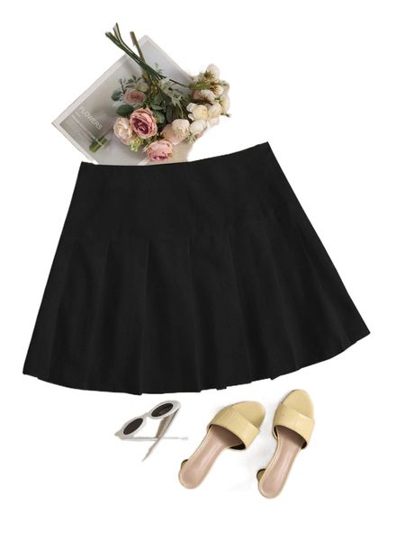 

plus solid pleated skirt z3su#, Black