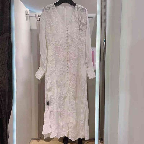 

casual dresses tk family spring and summer french elegant flower embroidery v-neck single breasted long dress women, Black;gray