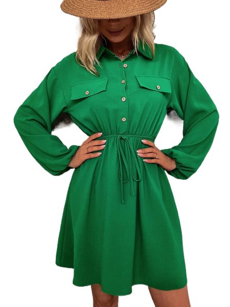 

flap pocket fake drawstring shirt dress 53cl#, Black;gray