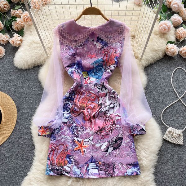 

summer runway fashion sweet party dress women's long sleeve ruffles bow vintage print mesh patchwork elegant vestidos 2022, Black;gray