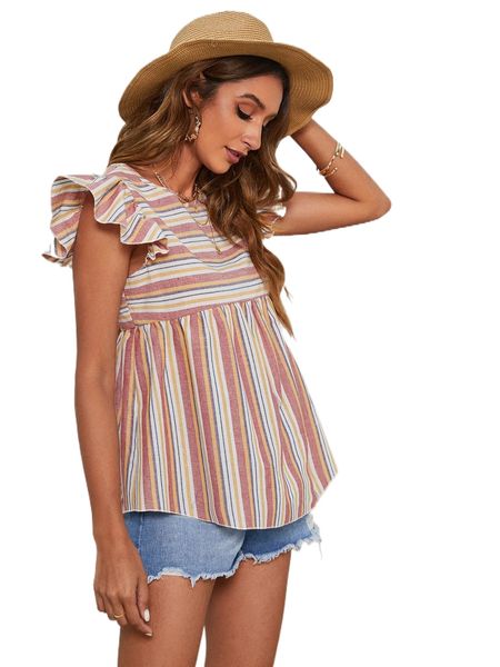 

striped ruffle sleeve peplum blouse m8et#, White