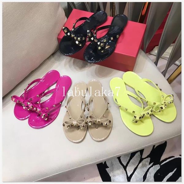 

brands women rivets bow knot flat slippers sandals girls flip flops studded summer shoes cool beach slides jelly shoes 35-40242b, Black