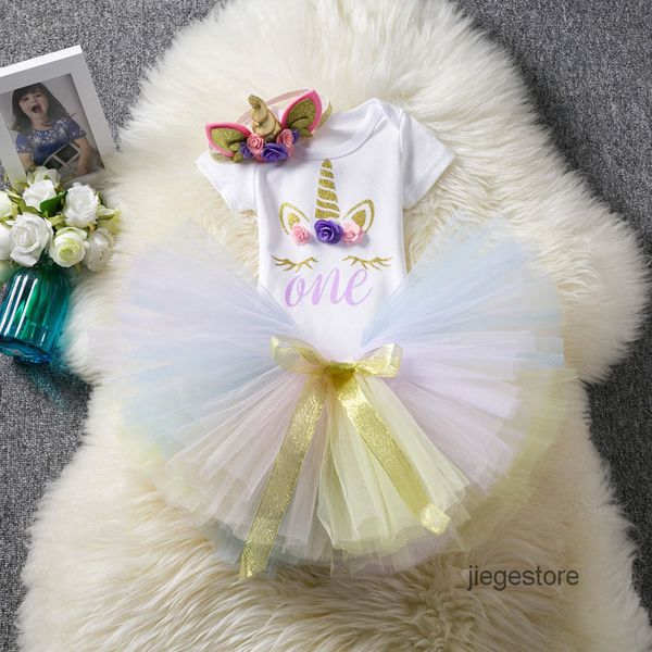 

luxury designers baby suit 1 year birthday dress christening gowns unicorn tutu skirt outfits 12 months infant clothes unicorn headband, White