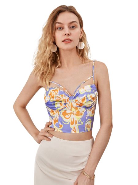 

floral print cut out ruched bust bustier cami w37t#, White