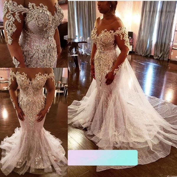 Plus Size Sereia Vestidos de Noiva com Train destacável Ilusão de Cristal Sparkly Manga Longa Árabe Africano Aso Ebi Princesa Brown Vestidos