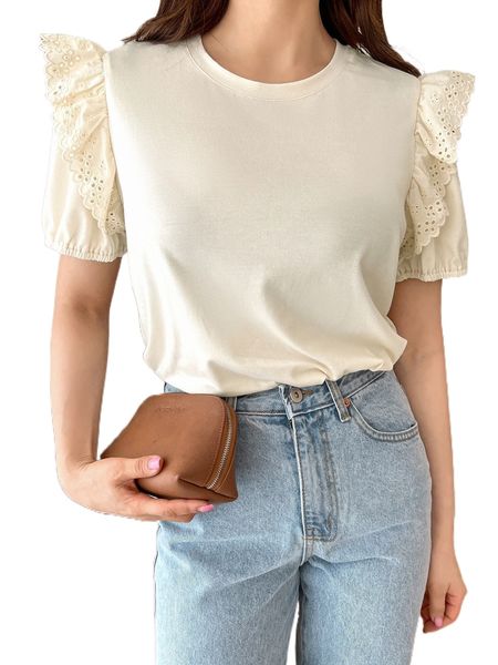 

dazy eyelet embroidery ruffle trim puff sleeve tee p0lf#, White