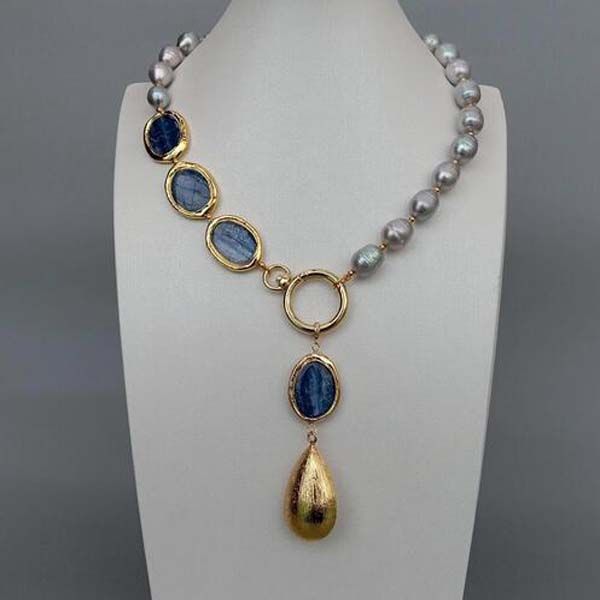 Perle Frischwasser kultiviert Oval Blue Kyanit gebürstete Perlen Anhänger Halskette 19