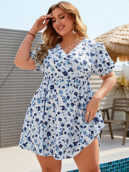 

plus floral surplice front flare dress k2ve#, Black